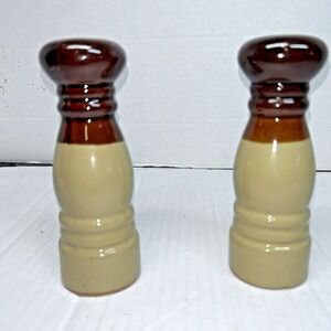 VTG Two Tone Brown‎ and Tan Ceramic Salt and Pepper Set 6.25" Rustic Farmhouse